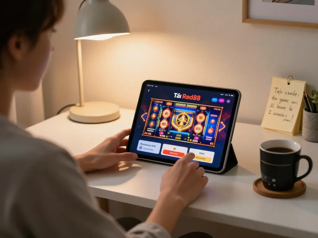 Tải app Red88 on tablet showing vibrant online slots while enjoying a cozy gaming environment.