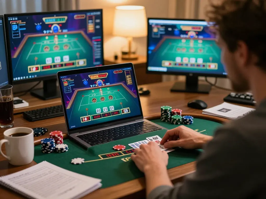 TIP88 user enjoying a live blackjack game on a laptop at home, showcasing strategic gameplay.