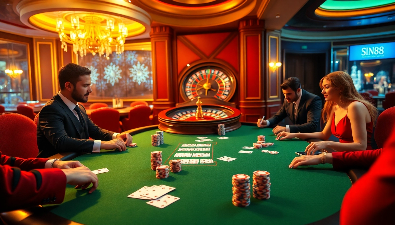SIN88 poker players strategizing at a high-stakes table amidst vibrant casino decor.