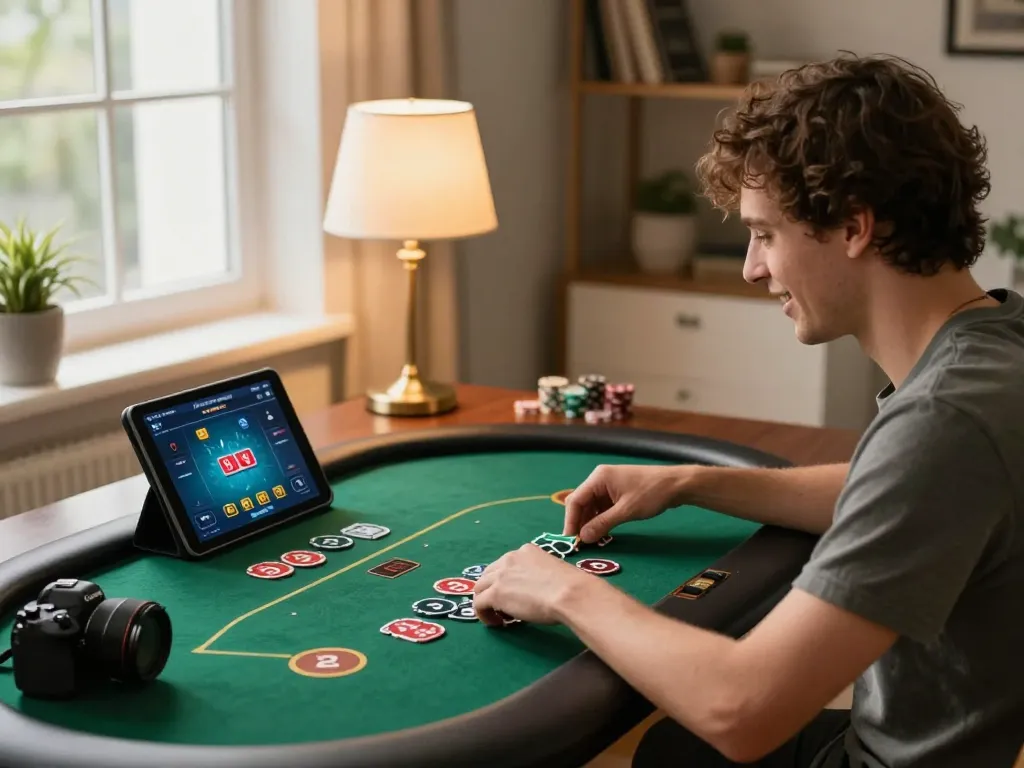 Player engaging in online poker game on tablet, showcasing B52 gaming strategy in a cozy setting