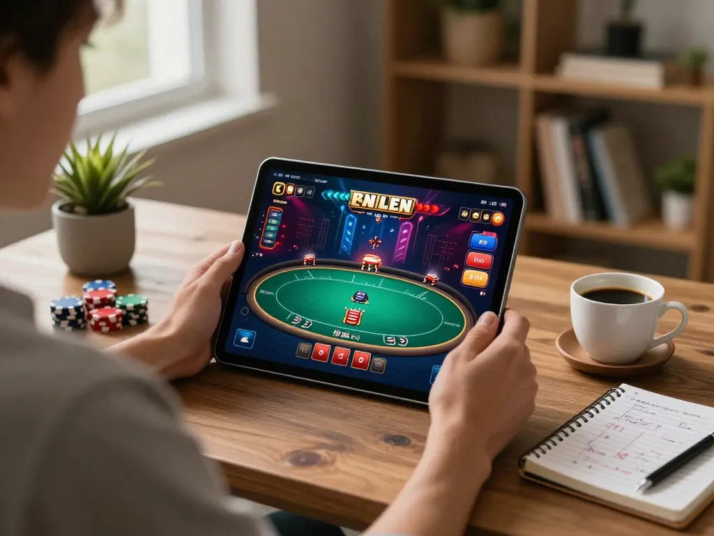 Engage with 555win online poker from home, featuring a player immersed in strategy.