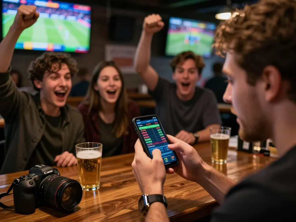 Engaged player using the 78win app for live sports betting with friends celebrating.