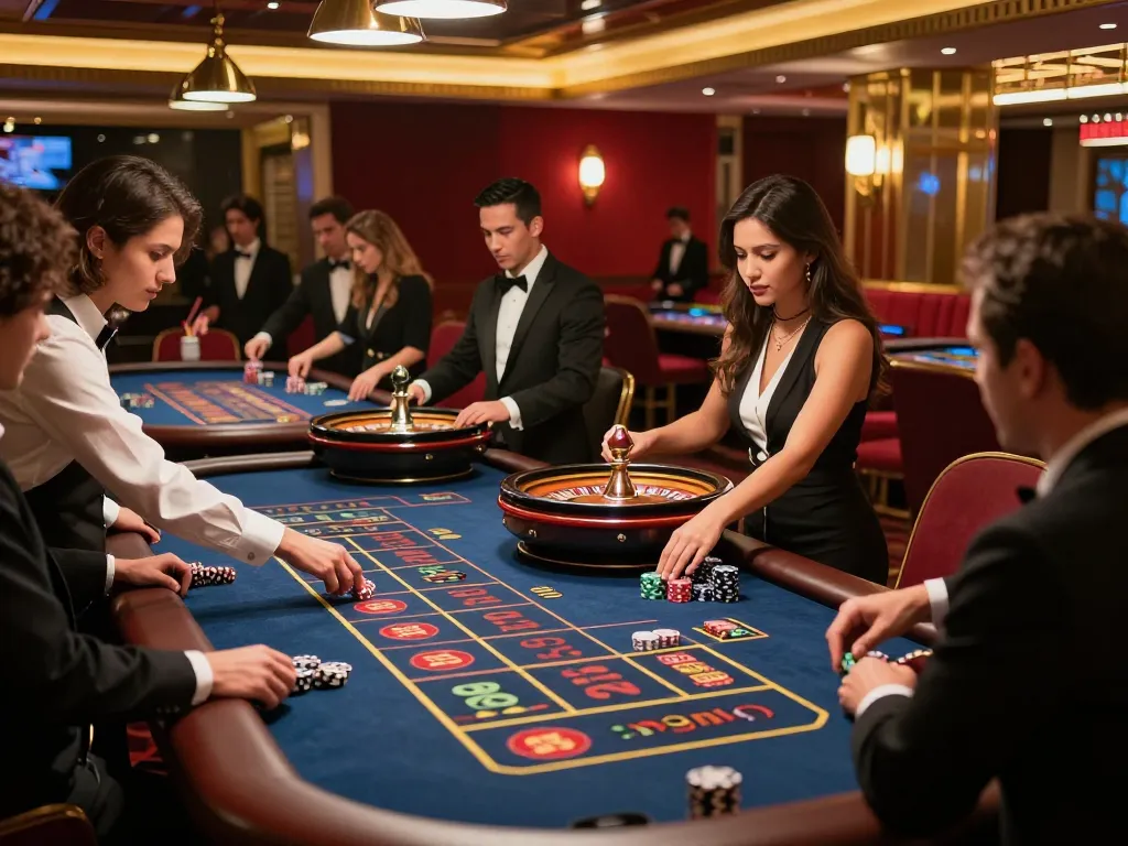 Engaged players at 7me roulette table experiencing thrilling casino action with vibrant atmosphere.