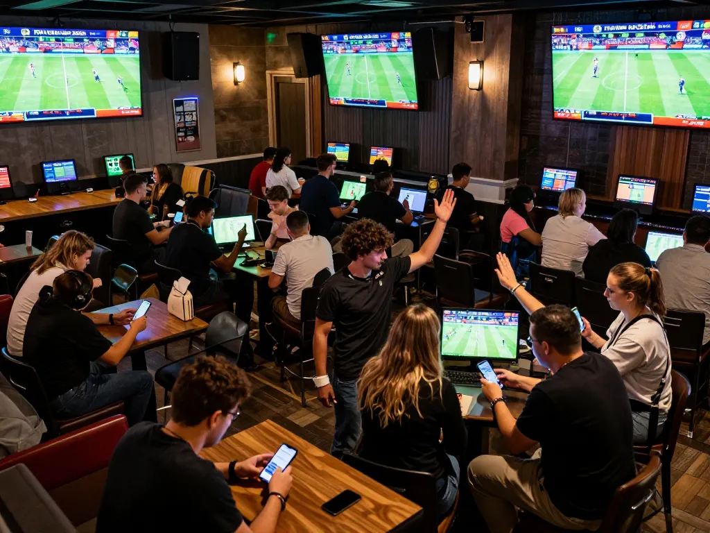 Engaged sports fans placing bets on bola piala dunia 2026 in a lively sports bar atmosphere.