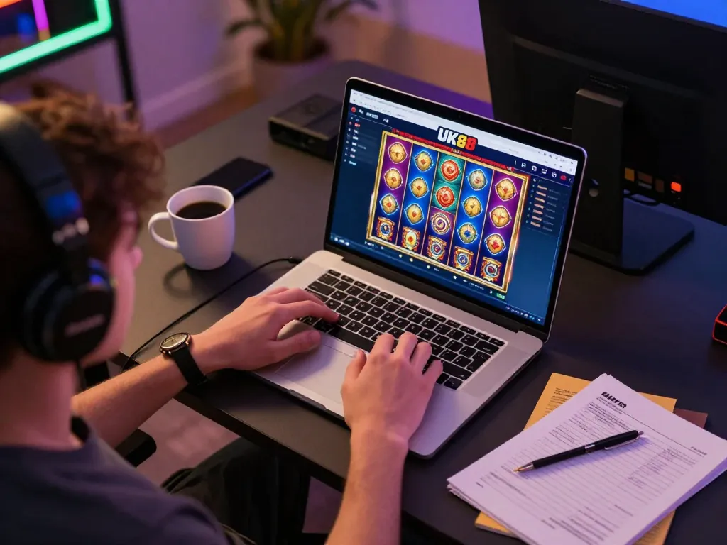 Engaged user exploring exciting games on Uk88 casino platform from home