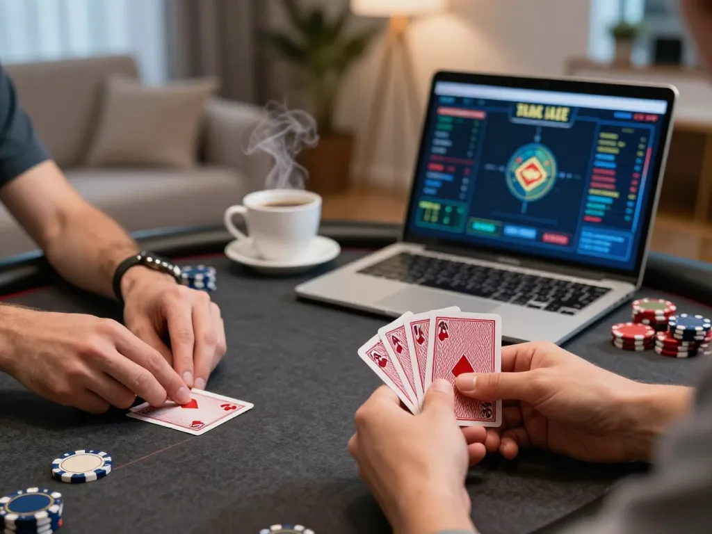 RR88 online poker gaming moment with winning cards and cozy home setup