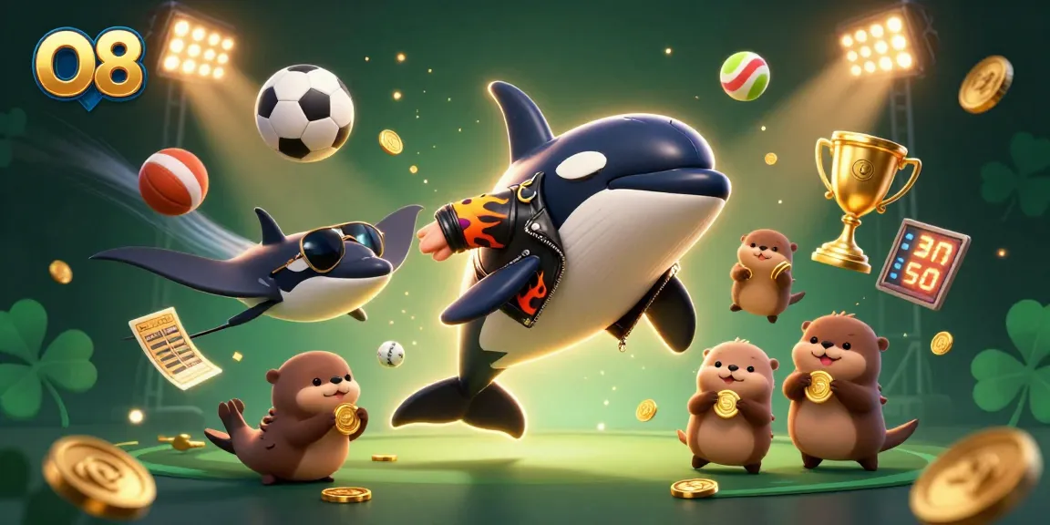 Join the fun with O8's thrilling gaming action featuring a vibrant cartoon casino scene.