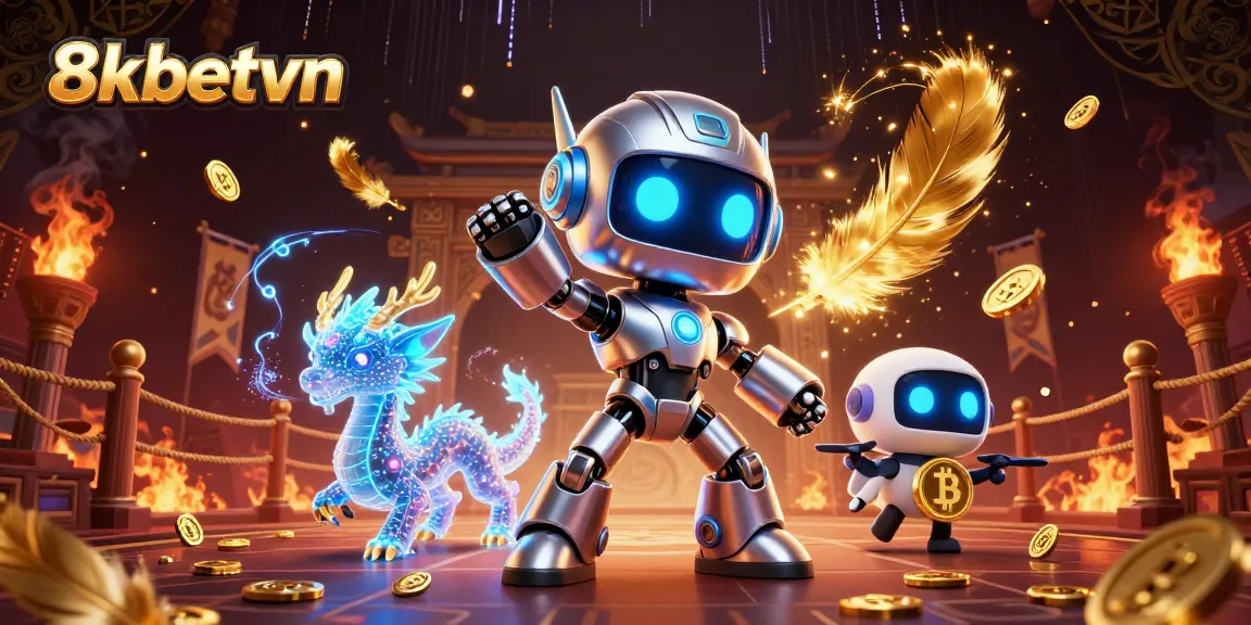 Join the excitement of 8kbetvn with a vibrant casino-themed illustration of a futuristic robot and a bitcoin drone.