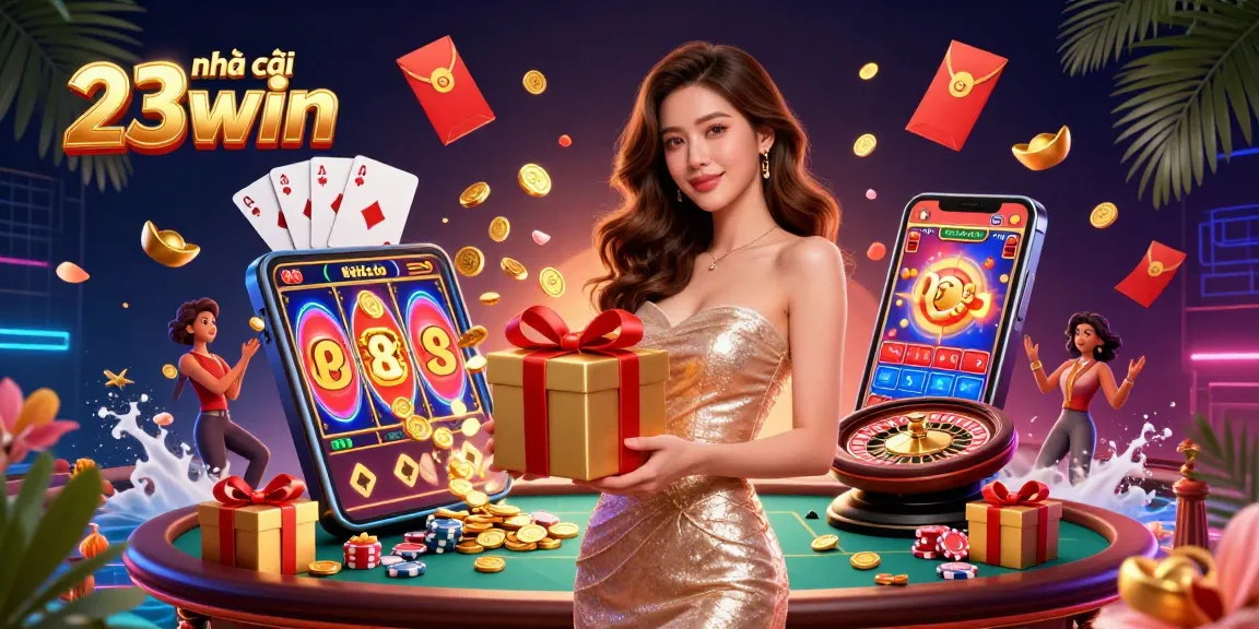 Win big with nhà cái 23win, featuring an Asian woman celebrating with casino elements in a festive atmosphere.