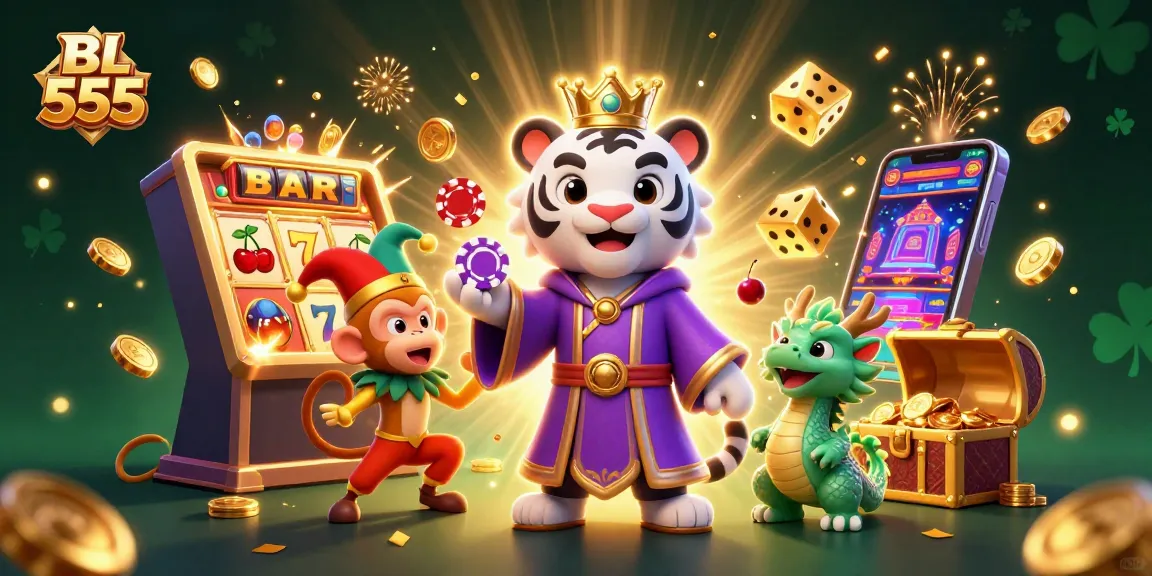 Win big with BL 555's vibrant gaming scene showcasing jackpots, slots, and lively characters.
