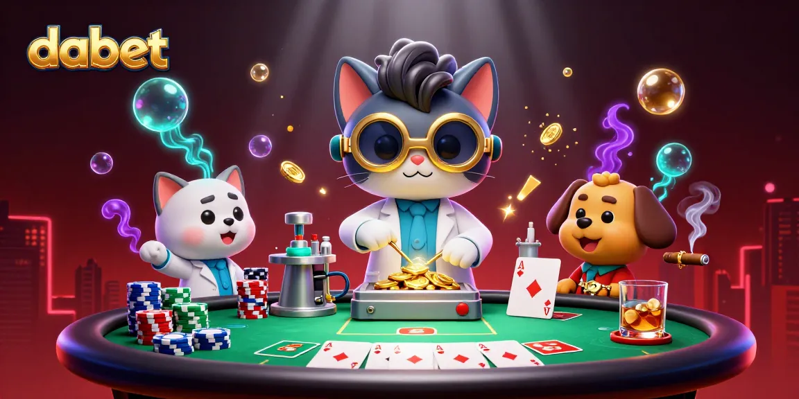dabet casino scene featuring a mad scientist cat and dog creating a gold-coin machine amid poker chips