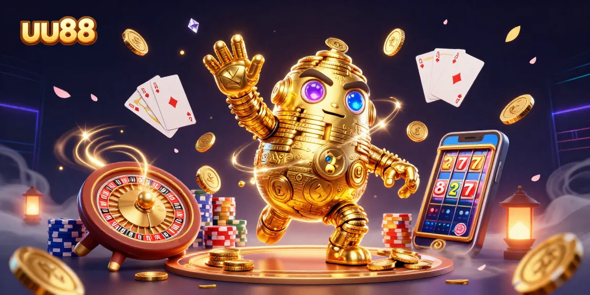 Experience excitement with uu88's golden golem and casino games in a vibrant 3D illustration.