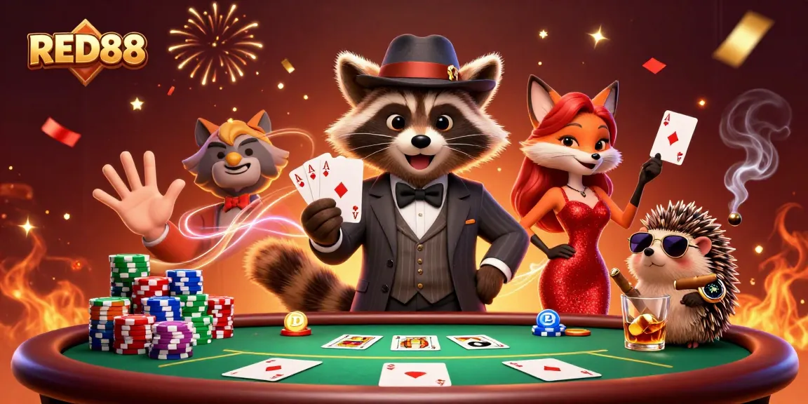 Experience the thrill of winning with RED88 at a dynamic poker table with lively characters and vibrant visuals.