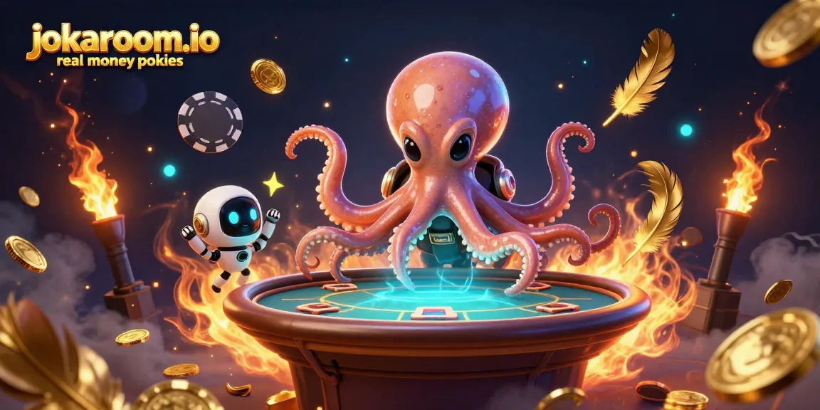 Engage with jokaroom.io real money pokies in a vibrant cosmic gambling scene featuring an alien octopus and a tiny robot.