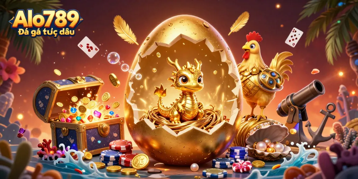 Alo789 Đá gà trực tiếp showcases golden dragon and hen guarding poker chips with treasures surrounding them.